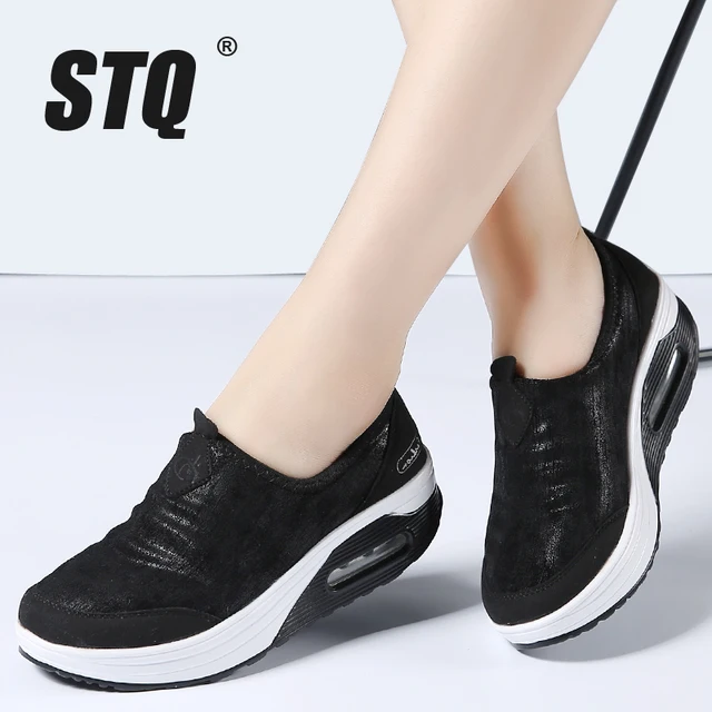 STQ 2020 الخريف النساء شقة منصة أحذية رياضية أحذية النساء تنفس شبكة حذاء كاجوال الانزلاق على منصة الزاحف أحذية 7666