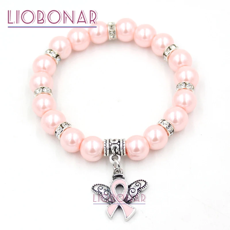 Breast Cancer Awareness Ribbon Pink Pearl Charm Bead for european bracelets 