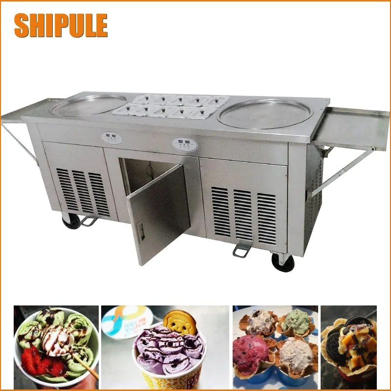 ==> [Free Shipping] Buy Best Double Pans Fried Ice Cream Machine 2 Round Pans Ice Cream Roll Making Machine with Salad Fruit Workbench 10pcs Tanks Cooling Online with LOWEST Price