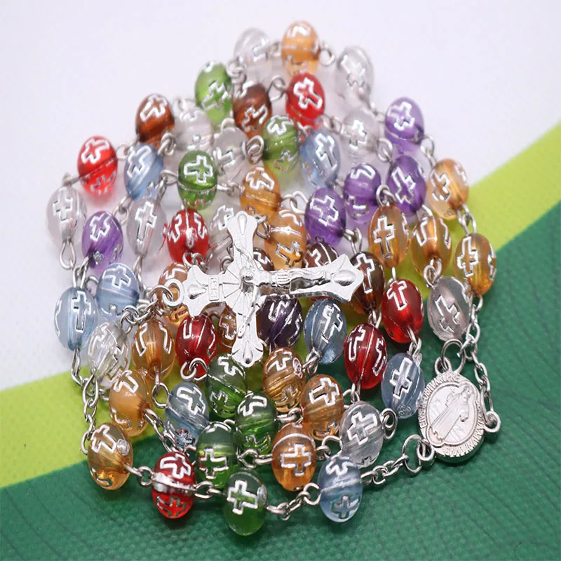 

Christian Cross Color Rosary 8mm Round Beads Catholic Rosary with Holy Land Medal Cross Prayer Religious Jewels