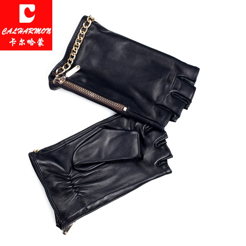 

Calharmon Women Solid Genuine Leather Gloves&Mittens Women Fingerless Glove Black Leather Flocking&Silk Gloves Motorcycle Gloves
