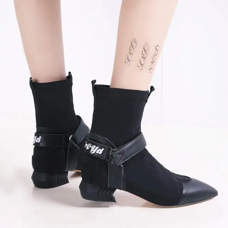 

Chic Designers Patchwork Leather Stretch Fabric Sock Boots Women Pointed Toe Slip On Ladies Booties Three Belt Buckle Shoes