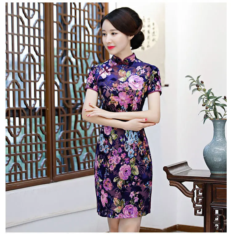 Sheng Coco/женские фиолетовые бархатные Qipao Cheongsam Короткие мини платья элегантный китайский стиль 4XL осеннее бархатное классическое Qi Pao платье