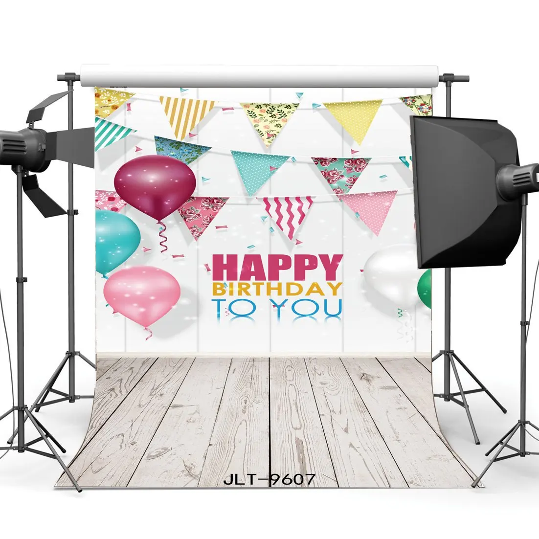 

Photography Backdrops Happy Birthday String Flags and Balloons Vintage Stripes Wood Floor Seamless Background