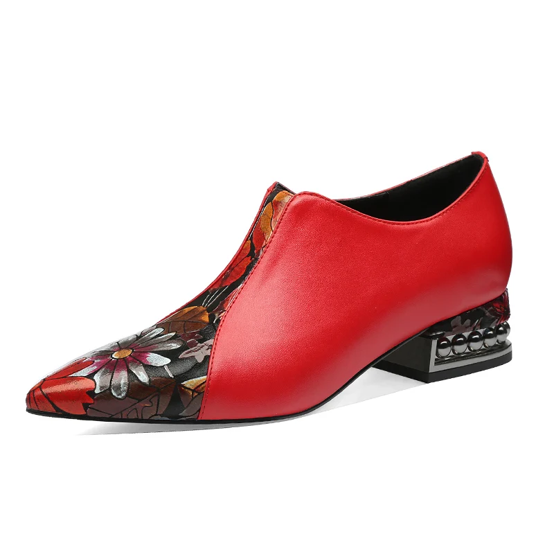 ISNOM/туфли-лодочки на толстом каблуке с заклепками; женская обувь с острым носком; обувь из коровьей кожи с цветочным принтом; женская повседневная обувь на молнии; коллекция года; сезон весна - Цвет: Красный