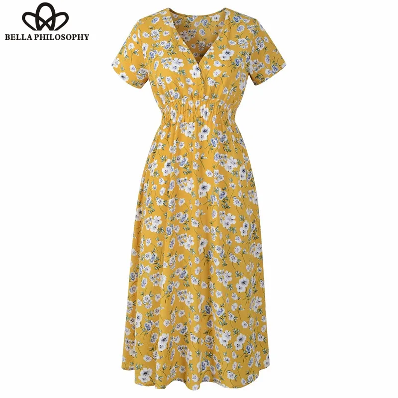 Wonder Summer Dress Print Floral Beach Dress Flower Vintage Midi Dresses Female 2019 V-Neck Short Sleeve Women Clothes 2019 new