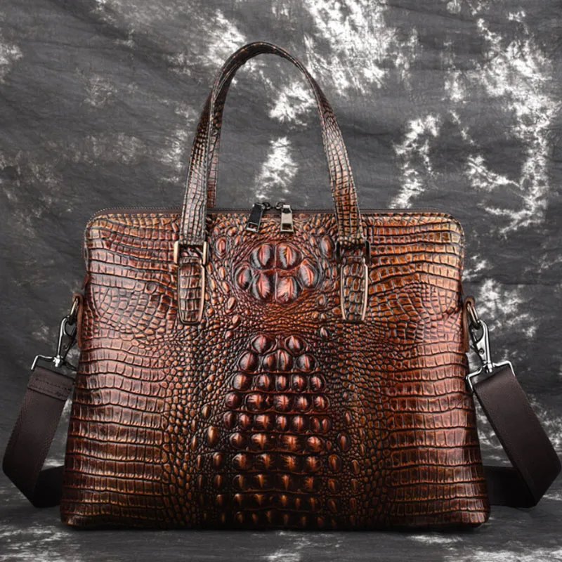 Free Shipping  Men Oil Wax Genuine Leather Messenger Shoulder Bag Tote Handbag Crocodile Pattern Male Laptop Bag B
