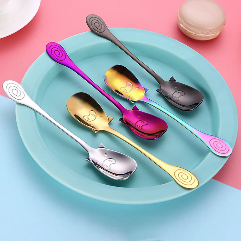 Colorful Stainless Steel Shovel Spoon Colorful Long Handle Coffee Milktea Stir Dessert Scoop Creative Bar Cocktail Mug Tool