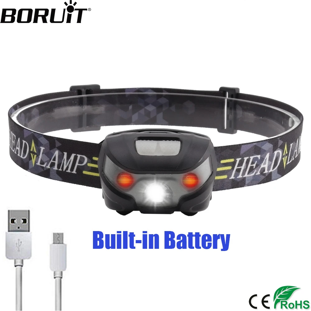 cheap BORUiT 380LM XPE LED Mini Headlight 4 Modes USB Charger Headlamp Camping Hunting Fishing Head Torch Built in Battery Flashlight