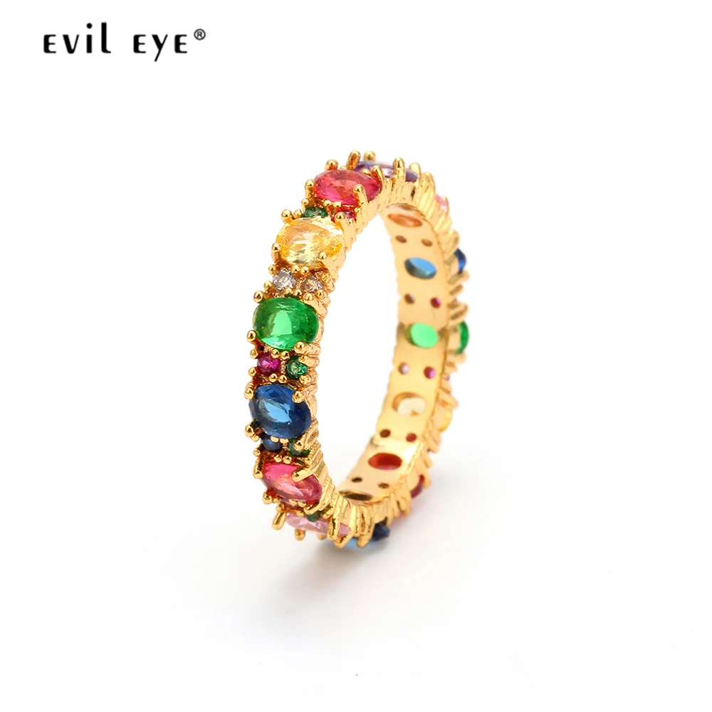 

EVIL EYE Oval Rainbow Cubic Zirconia Ring Gold Color CZ Engagement Wedding Band Ring Fashion Jewelry for Women Ladies EY6342