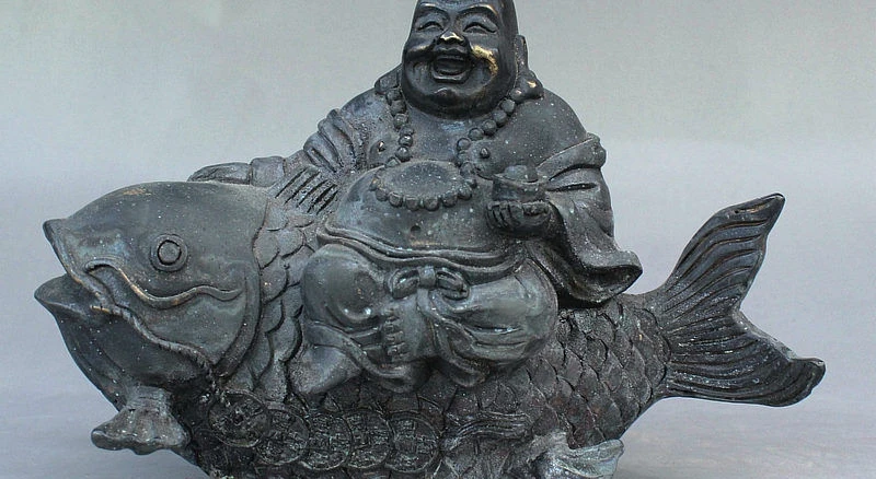

6" China Buddhism Bronze Maitreya Buddha Hold YuanBao Ride Fish Carp Coin Statue