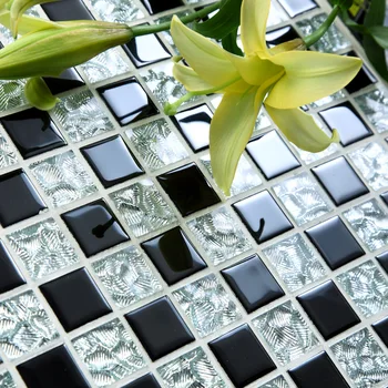

glossy square black mixed silver glass mosaic for bathroom wall floor tile kitchen backsplash glass tiles HM19A005