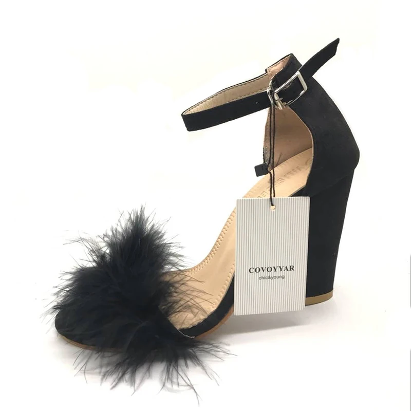 COVOYYAR Ankle Strap High Heels Faux Fluffy Rabbit Fur Women Sandals 2019 Thick High Heel Party Wedding Summer Lady Shoes WHH118