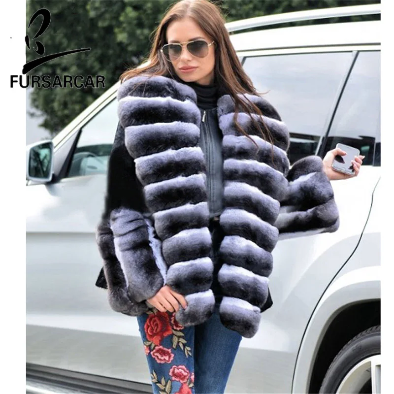 

FURSARCAR 2021 Luxury Rex Rabbit Fur Coat With Big Turndown Fur Collar Fashion Warm Winter Rex Rabbit Fur Jacke For Women