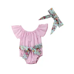 Для новорожденных для маленьких девочек цветочные рукавов комбинезон боди оголовье одежда наряд Размеры 0-24 м