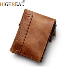 HIGHREAL Genuine Leather Men Wallet Crazy Horse Short Coin Purse Small Vintage Wallets Brand High Quality Cow Leather Male Walle