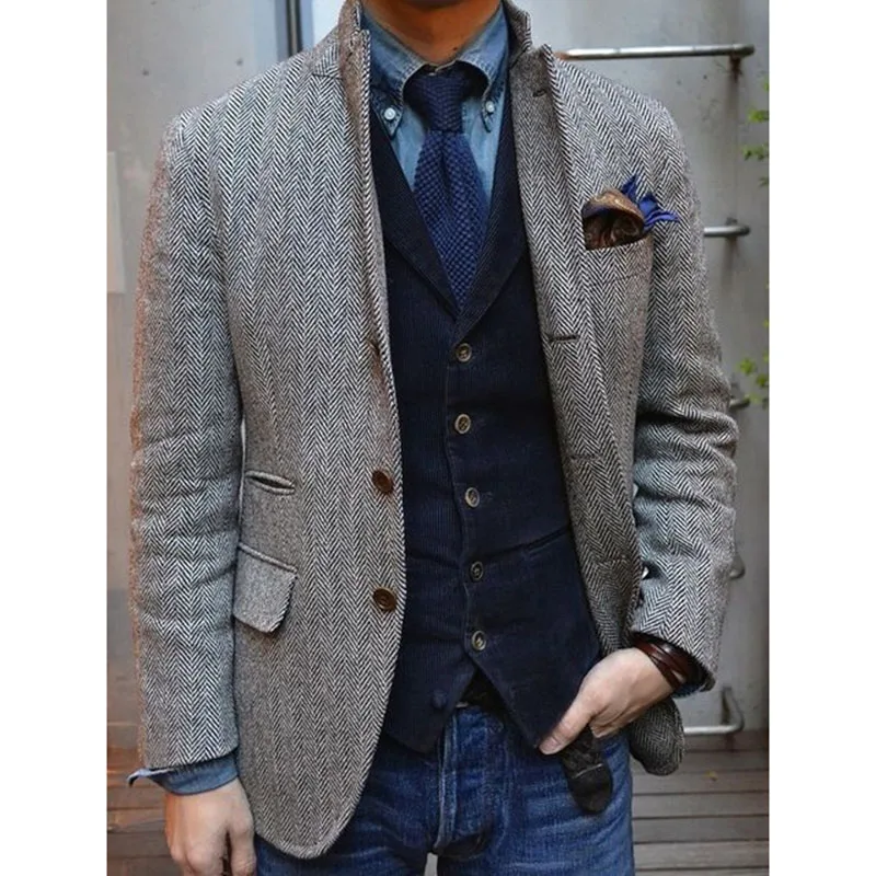Серый твидовый пиджак-смокинг в елочку, Британский мужской костюм, приталенный мужской пиджак, серый пиджак, мужские свадебные костюмы на заказ - Цвет: as the image