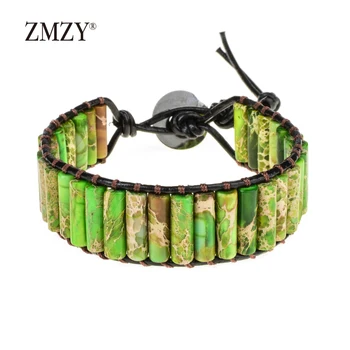 

ZMZY Womens Boho Bracelets Tube Shape Green Howlite Leather Wrap Bracelet Semi Precious Stone Beaded Charm Bracelet Jewelry Gift