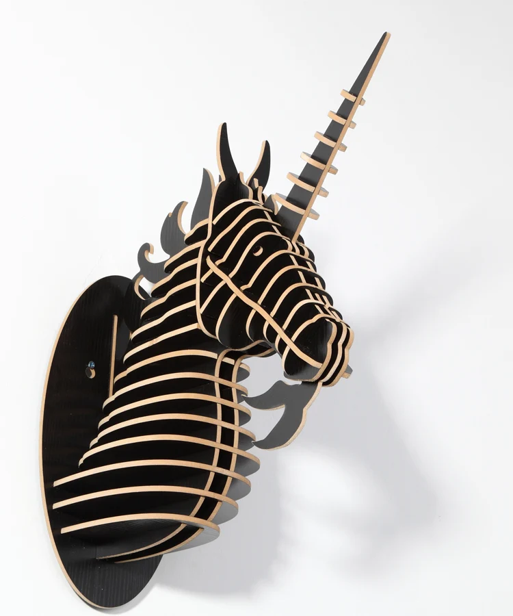 

NODIC novelty items craft wooden unicorn head ornament home decor,simple modern carved wood animal head hanging wall decor Real
