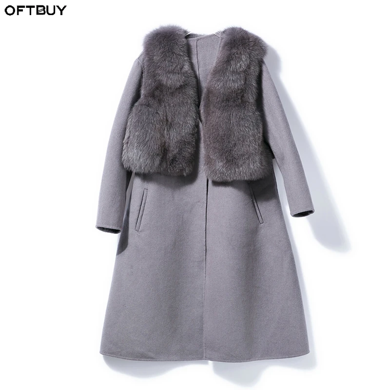 OFTBUY 2018 Natural Real Fox Fur Vest Double-faced Cashmere wool Coat Winter Jacket Women Grey Korean ladies coats streetwear | Женская