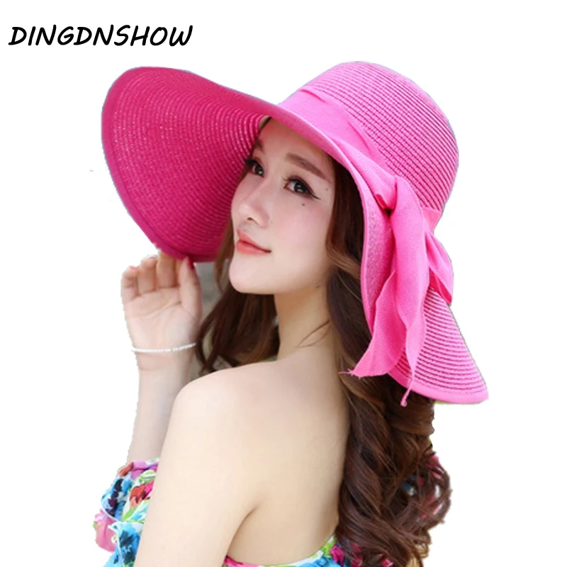 

[DINGDNSHOW] 2019 Fashion Sun Hat Adult Flower Lady Beach Cap Bowknot Wide Brim Summer Hats for Women Elegant Beach Cap