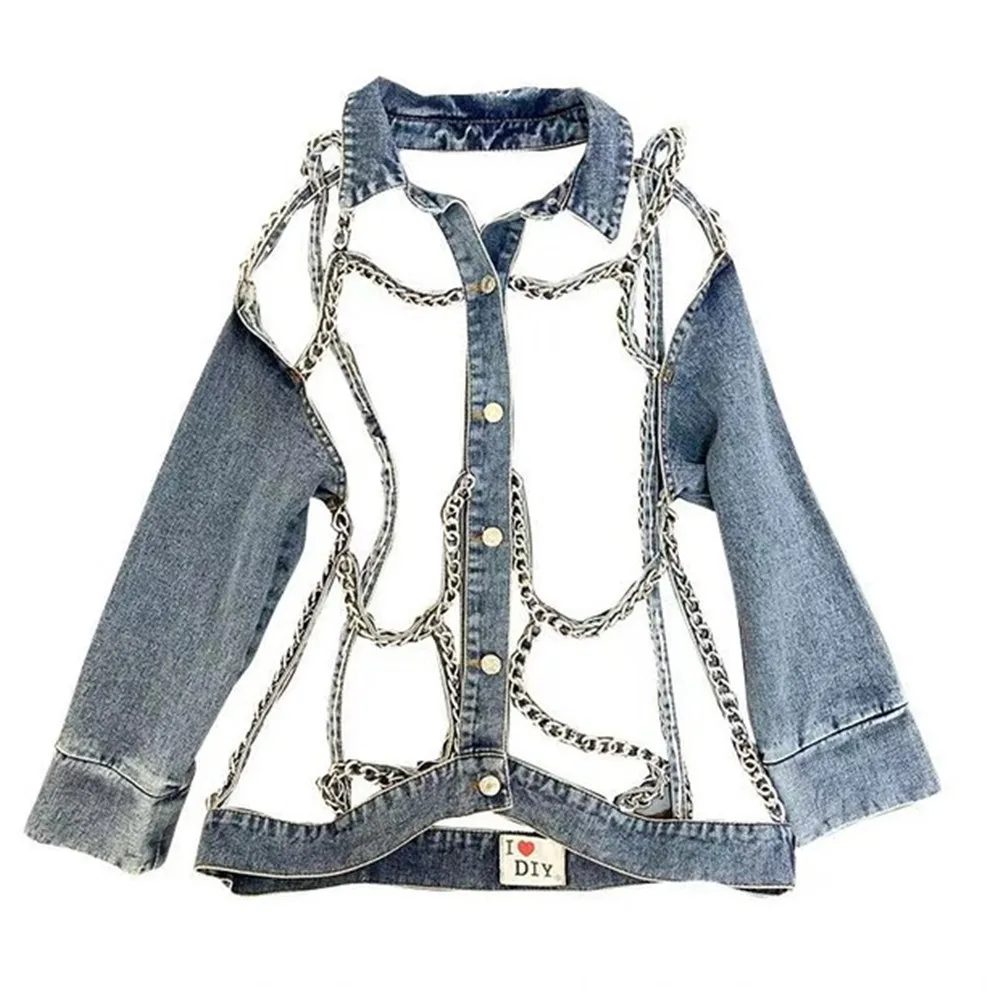 

Summer 2019 New Lapel Blue Denim Chain Jacket Long Sleeve Button Hollow Out Backless Coat Chain Decorative Jeans Jacket