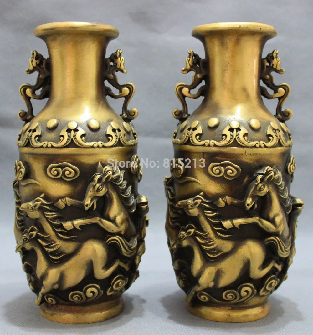 

bi0011751 China Bronze Animal FengShui Jump Horse "Ma Dao Cheng Gong" Statue Vase Pot Pair