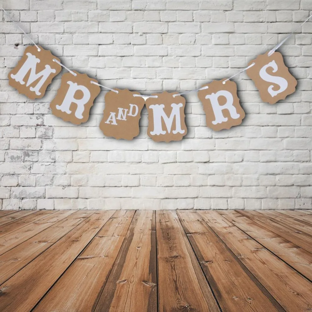 

MR AND MRS Bannner Sign banner with white ribbon Party Decorations Kraft paper flag Garland For Wedding