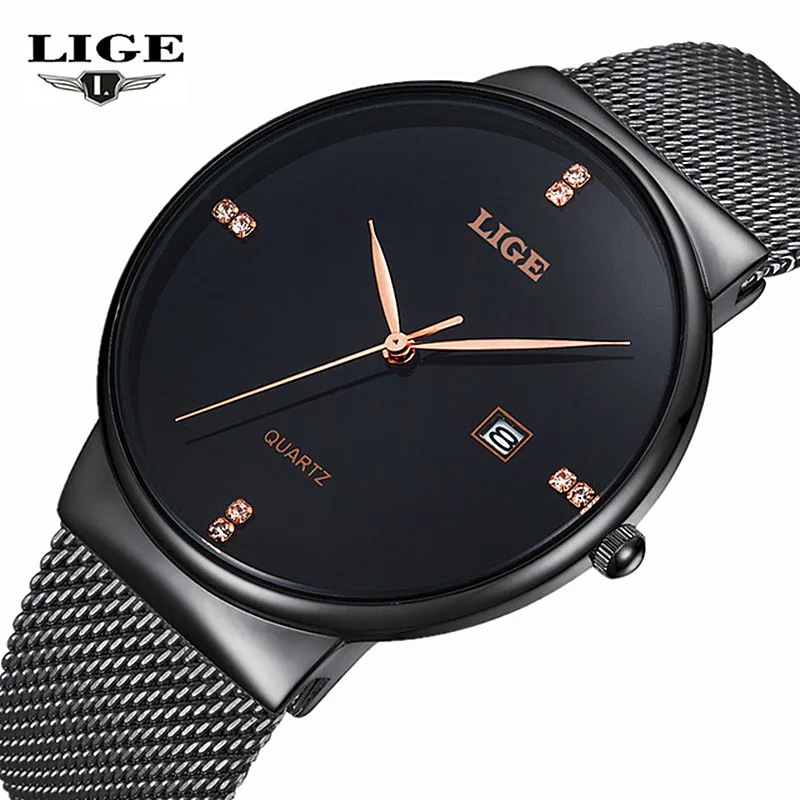 

LIGE Brand Men's watches simple dress quartz watch men steel mesh strap quartz-watch Ultra-thin ultra clock relogio masculino