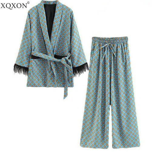 

Women's suits 2019 New Arrival Blue Printed Kimono Jacket with Feather Sleeves Wide Leg pants two-piece Vintage Clothing Suits