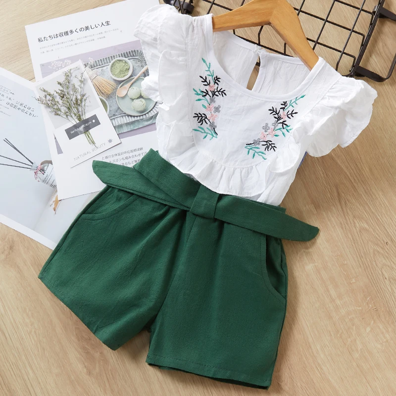 Keelorn/комплекты одежды для девочек Новинка года, летняя однотонная полая футболка без рукавов с капюшоном+ шорты для девочек Повседневный костюм из двух предметов - Цвет: AX802 green