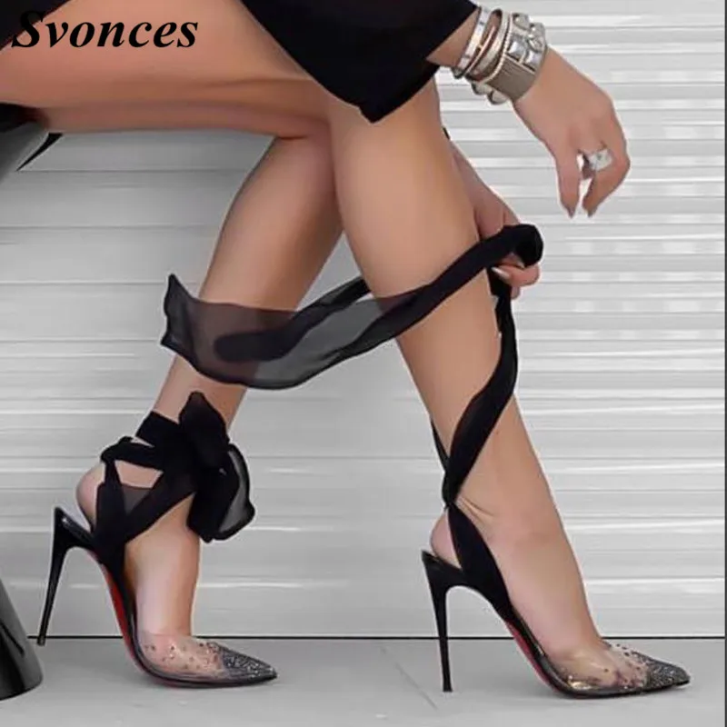 

Svonces Brand Strappy Sandals Clear PVC Crystals Heels Transparent Slingback Pumps Pointed Toe Women Sandals Summer Shoes Strass
