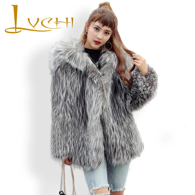 

LVCHI Grey Winter Coats Women Keep Warm Street Style Vest Midi Real Silver Fox Fur Coat With a Hat Fur Vest 2019 Women's Fox Fur