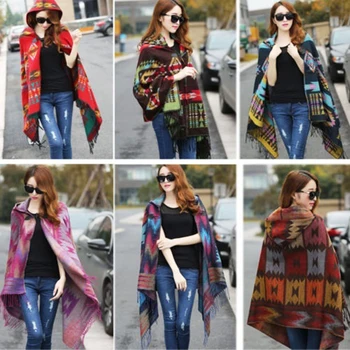 

Stylish Women Bohemia ethnic printed Hooded Cape Poncho Acrylic Wool Shawl Scarf Fashion Girls Sweater Fringe Hooded Wraps