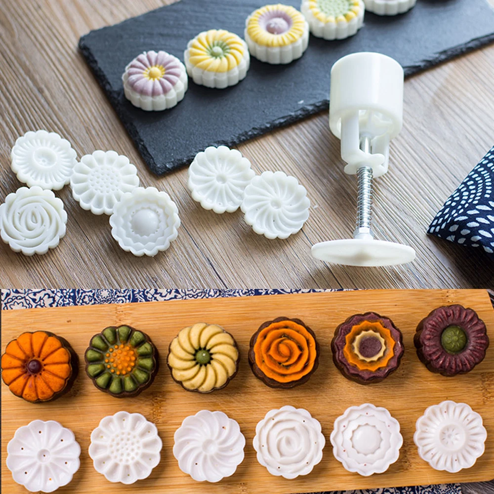 6 стилей круглый цветок Mooncake плесень ручное давление помадка Луна Торт Украшение