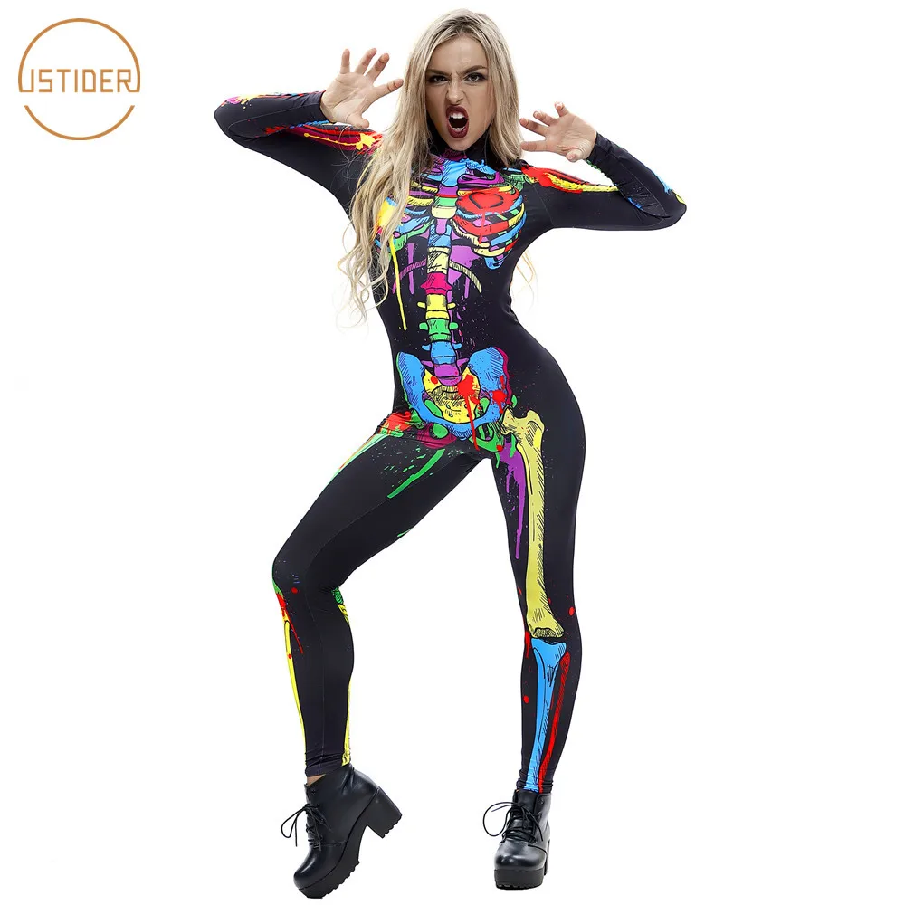 

ISTider 3D Color Skeleton Rompers Womens Jumpsuit Long Sleeve Nightclubs Sexy One Piece Body Suit Halloween Playsuit Women