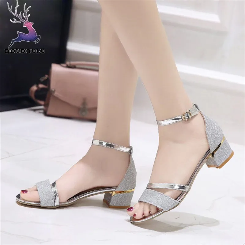 

Fashion Women Sequins Sandals Ankle Mid Heel Block Party Open Toe Shoes Woman 2018 New Summer Women Sandals zapatos mujer