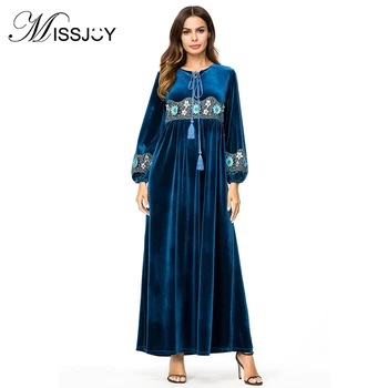 

MISSJOY Muslim dresses plus size 4XL Women Long Sleeve Velvet Flower Abaya new Islamic High Waist Casual winter loose dress Maxi