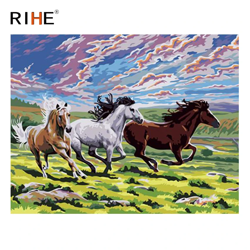 

RIHE Horse Running Diy Painting By Numbers Animal Grassland Oil Painting On Canvas Hand Painted Cuadros Decoracion Acrylic Paint