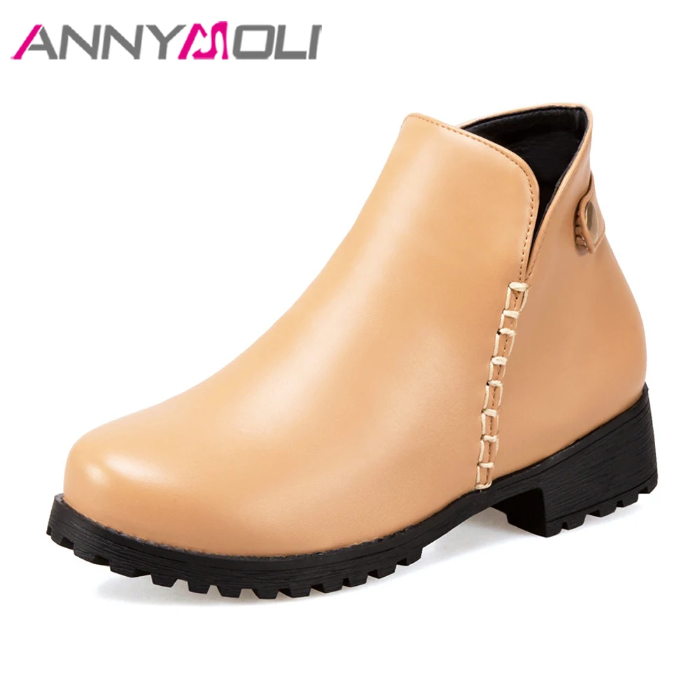 

ANNYMOLI Ankle Boots Winter Women Boots Zipper Block Heel Short Boots Buckle Platform Med Heel Shoes Ladies 2018 Big Size 42 43