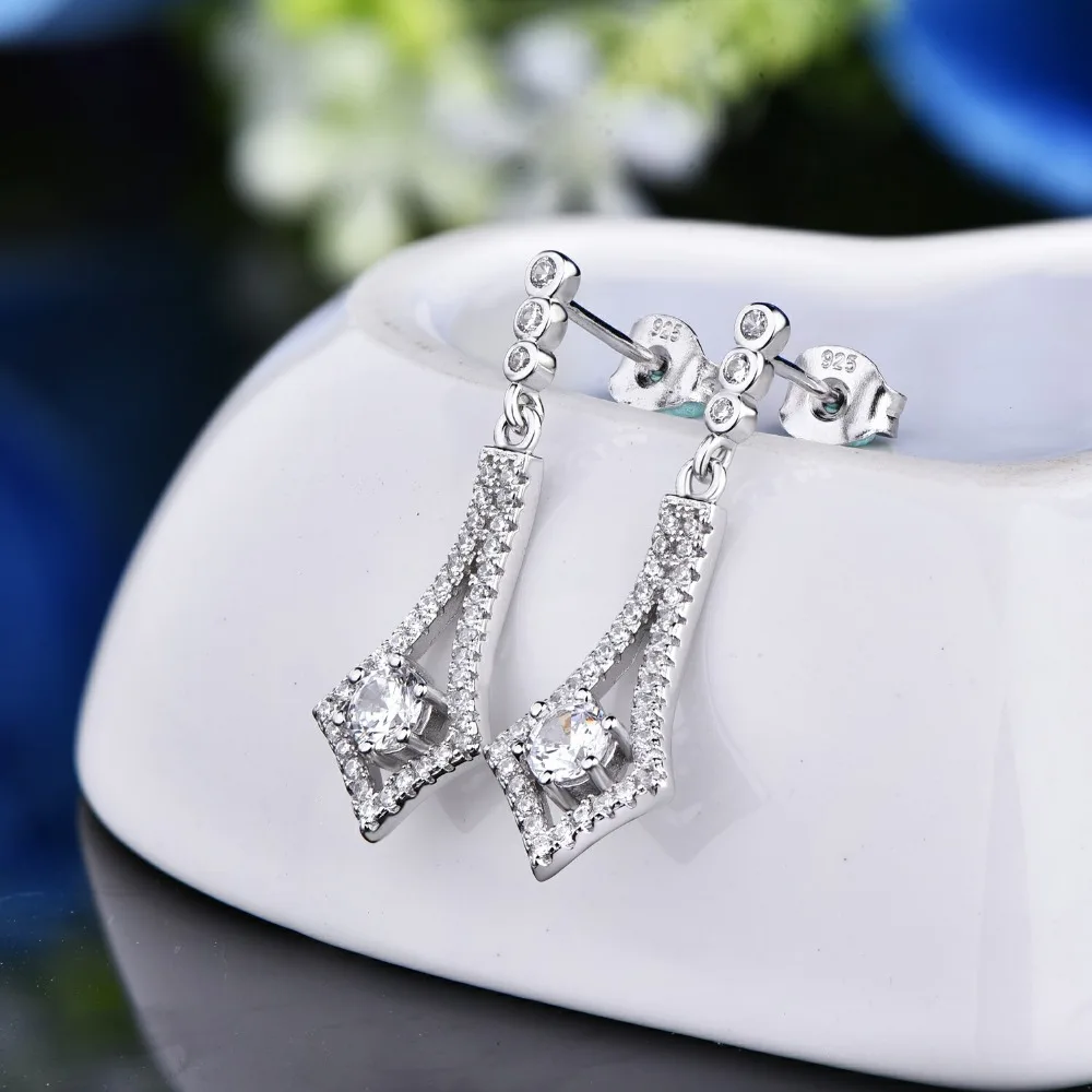 Сердце Кристалл Серебряные длинные Серьги падение Стиль Jewelry 4 мм Pure White Gold Дамы
