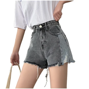 

Summer Shorts Women Black And Blue Stitching Denim Shorts 2019 Streetwear Fashion Tassel Ripped High Waisted Short Jeans
