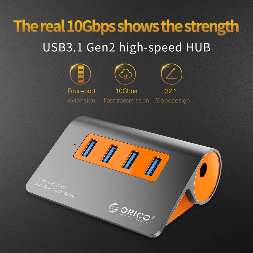  Aluminio ORICO 4 puertos USB3.1 Hub 10 Gbps Super velocidad de transmisión divisor USB con adaptado