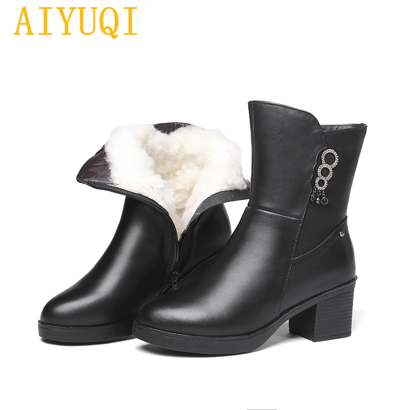 

AIYUQI Female Martin boots 2019 new 100% natural genuine leather female motorcycle boots, big size 41 42 43 natural wool boots