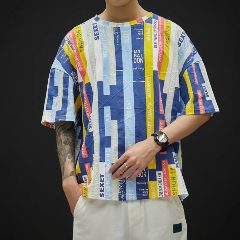 

YASUGUOJI New Summer Short Sleeve T-shirt Men Streetwear Loose Color-blocked T Shirt Mens T Shirts Fashion 2019 Graphic Tees Men