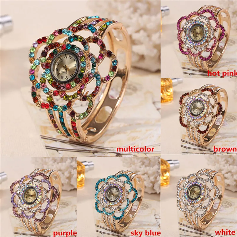 NEW Fashion Womens Flower Band Hollow Out Bangle Crystal Quartz Bracelet Watch Jewelry Charm #2AP25 (16)