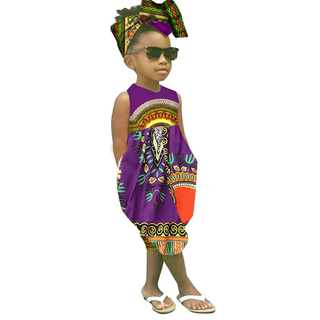 Комплекты для детей; летняя повседневная одежда для маленьких девочек; африканский безрукавный комбинезон с принтом; комбинезон; повязка на голову; T9 - Цвет: B