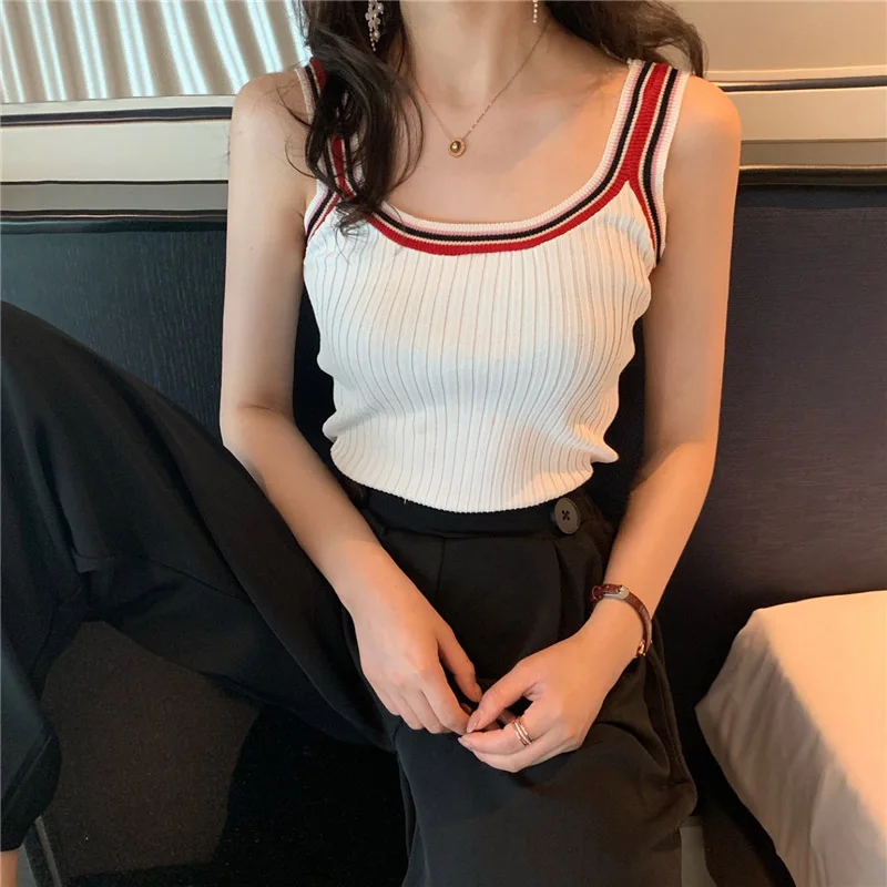 

Women Knitted Shirt Top Summer U Neck Tank Top Fashion Striped Casual Camisole Vest