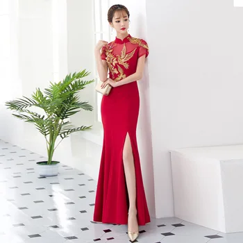 

New Embroidery Mermaid Chinese Sexy Sequins Oriental Party Female Cheongsam Stage Show Qipao Elegant Celebrity Banquet Dresses
