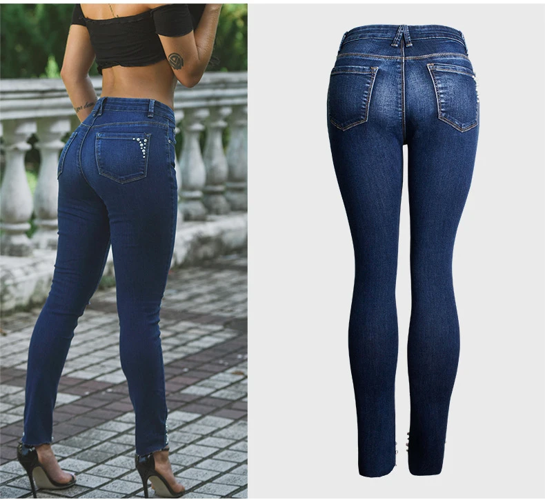 European station Europe and the United States new hole pearl cat toe cowboy high waist pants feet beaded straight jeans (8)
